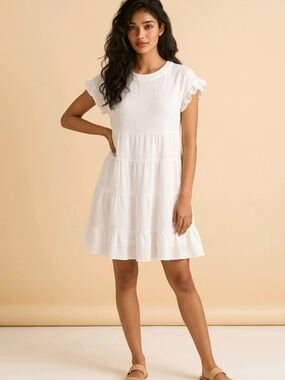 NWT White Babydoll Tiered Mini Dress Boho Summer Style Size Medium